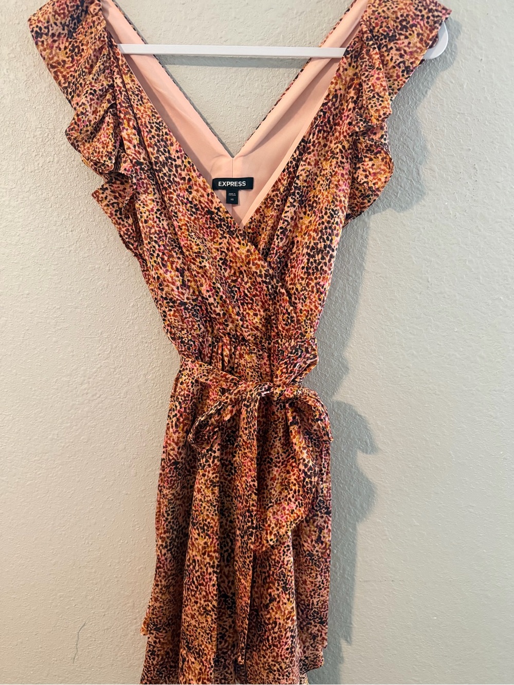 Express Pink and Brown Multi-Print Ruffle Wrap Midi Dress